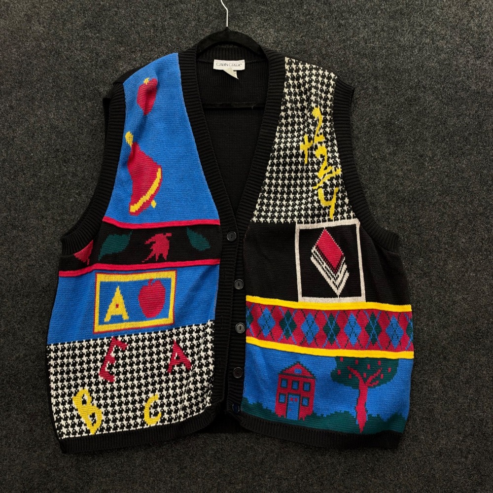 Vintage 90s Cabin Creek Novelty Knit Sweater Vest ABC Apple 3X Made in USA